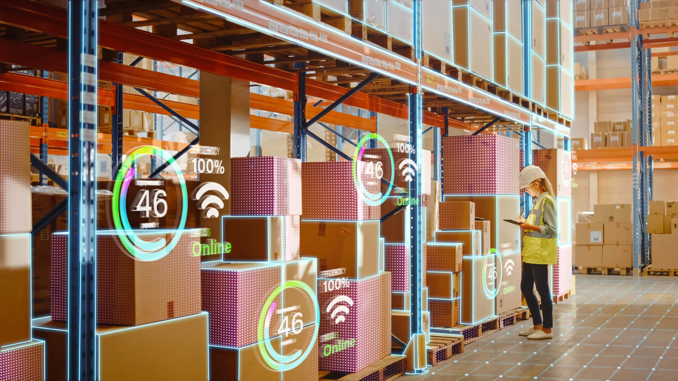 Futuristic Technology Retail Warehouse: Worker Starts Inventory Digitalization with Barcode Scanner Analyzes Goods, Cardboard Boxes, Products. Delivery Infographics in Logistics, Distribution Center